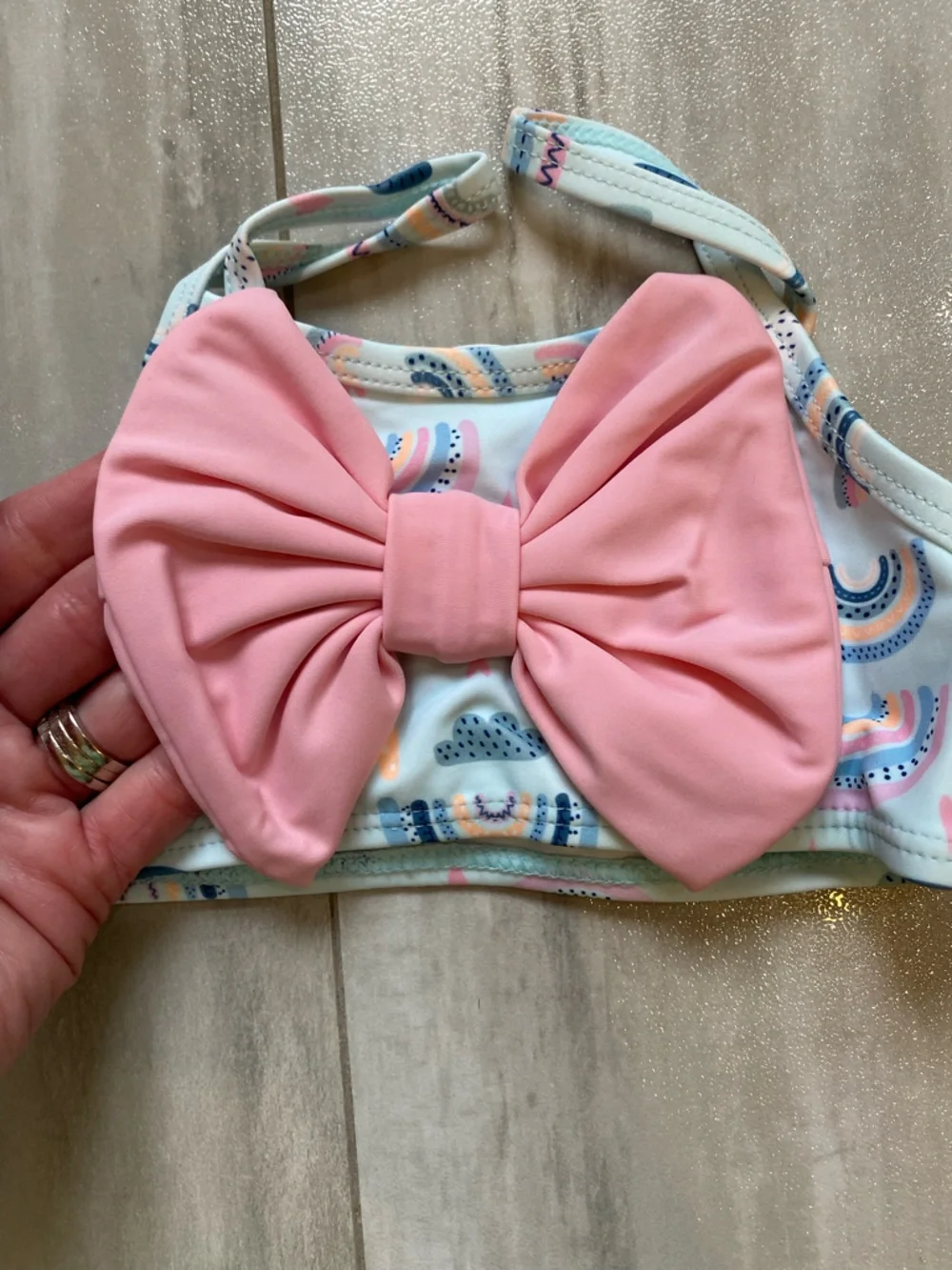 NWT RuffleButts Pastel Chase the Rainbow Bow Top Skirted Bikini girls 18-24M